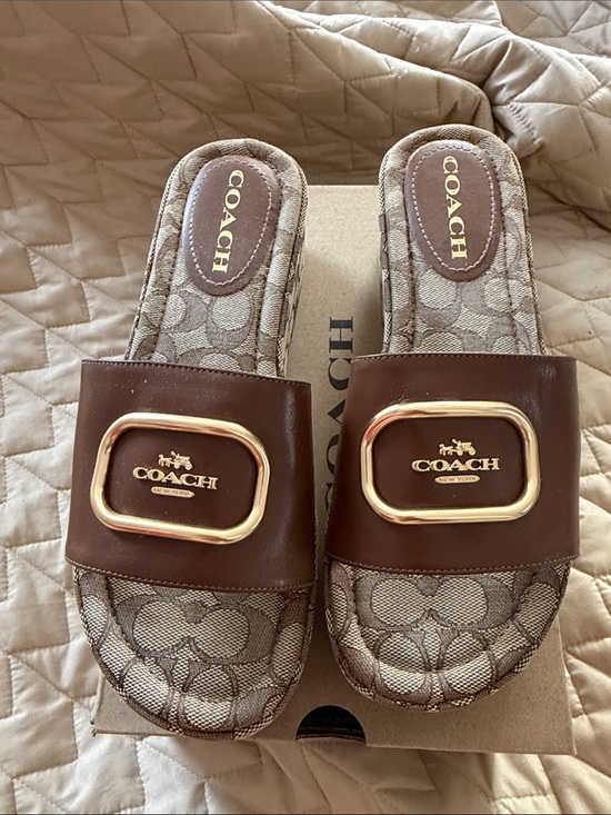 Coach Shoes - Coach Brown Logo Slide Mules with Tan Signature Print
